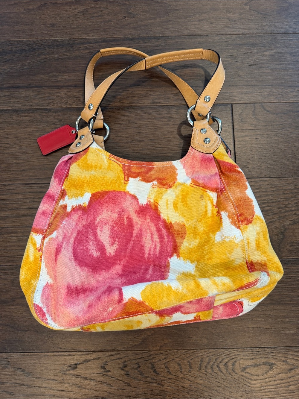 Vintage Coach 2002 Floral Fabric Maggie Shoulder Bag in Yellow & Pink - C15-049 - Picture 2 of 13